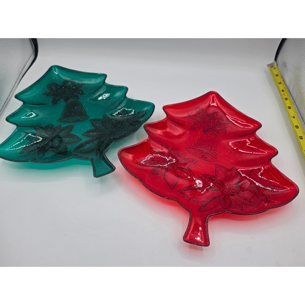 Vintage Style Christmas Tree Glass Serving Plates Red Green Poinsettia Set of 2